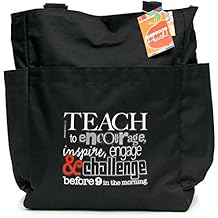 Teacher Peach Positive Teacher Tote Bag - Motivational Work Bag with Pockets, Organizers, Zippers, and Water Bottle Holder - Best for Teacher Appreciation or New School Teacher Gift for Women