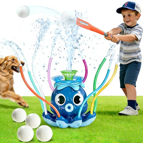 Fagalil Water Sprinkler Baseball Toy, Octopus Kids Water Sprinklers T Ball Set with Bat 4 Balls 2 in 1 Summer Outside Toys Backyard Lawn Games for Kids Outdoor Play Toys Ages 3-12 (Blue)