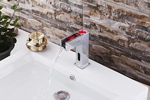 Gangang Led Touch-Free Automatic Bathroom Vessel Sink Sensor Faucet Hot & Cold Mixer Faucet With Color Changing LED,Contemporary Waterfall Automatic Sensor Faucet Hot Cold Water,Lavatory Plumbing Taps - Thumbnail 3