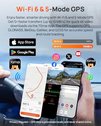 70mai 4K Dash Cam Front and Rear Inside, 3 Channel Car Dash Camera for Cars, Dashcam with GPS, Wi-Fi 6, Voice Control, Parking Monitor, Night Vision, Loop Recording, 64GB SD Card Included (T800E)