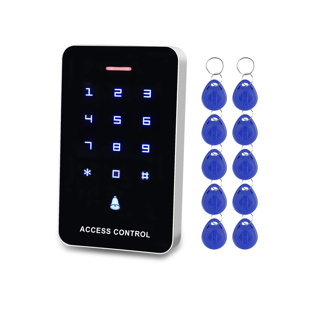 FTSTech Stand-alone Plastic RFID Access Control Keypad,Support 1000Users,Single Door Use,with 10pcs TK4100 EM Blue ID Keyfobs (A3)