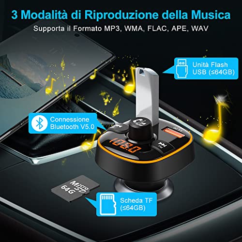 Goigrn Bluetooth per Auto, 7 Colori Controluce Trasmettitore Bluetooth per Auto con Ricarica QC3.0 e Porta USB 5V 2,4A, Kit Vivavoce per Auto, Trasmettitore Bluetooth Supporto U Disk/TF Card