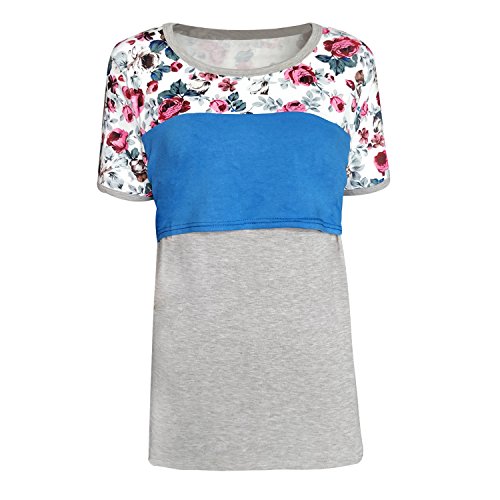 chulianyouhuo Womens Short Sleeve Breastfeeding Shirts Floral Stitching Maternity Nursing Tops (L, Light Blue)