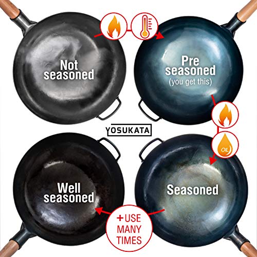 YOSUKATA Blue Round Bottom Wok Pan 14" Woks and Stir Fry Pans