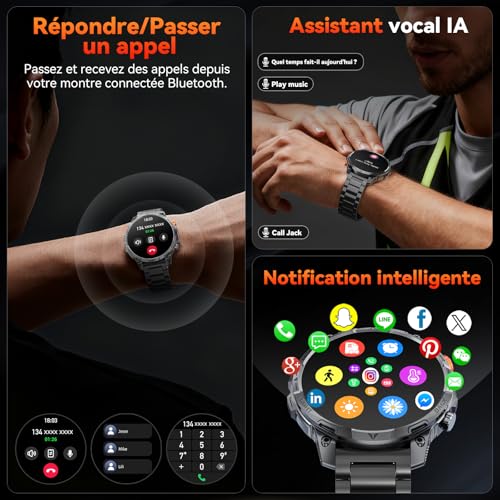 Haulvean Militaire Montre Connectée Homme, 1000mAh Batterie Smartwatch, Deux Bracelets, 1.75" HD Grand Écran, Lampe LED, 100＋Modes Sportifs, Surveillance Santé, Appel Bluetooth pour iOS Android（Noir）