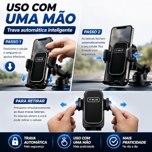 Suporte Celular Veicular para Carro 360° Premium, Ventosa Ultra Forte, Antivibração, Sistema Antiqueda Reforçado, Ajuste 4 Eixos, Fixação Firme no Painel e Vidro, Compatível com Todos Celulares