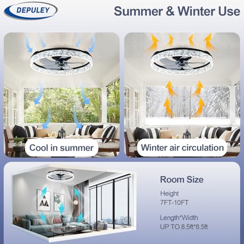 Depuley Ceiling Fans with Lights and Remote Control: 20 Inch Low Profile Ceiling Fan with 6 Speeds - 3000-6500K Dimmable Led Fandelier for Bedroom and Living Room - Black