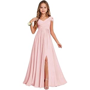 Sieunavy Off The Shoulder Chiffon Junior Bridesmaid Dresses for Teen Girls | Off The Shoulder,Pleated Top,A Line with Slit,Lo