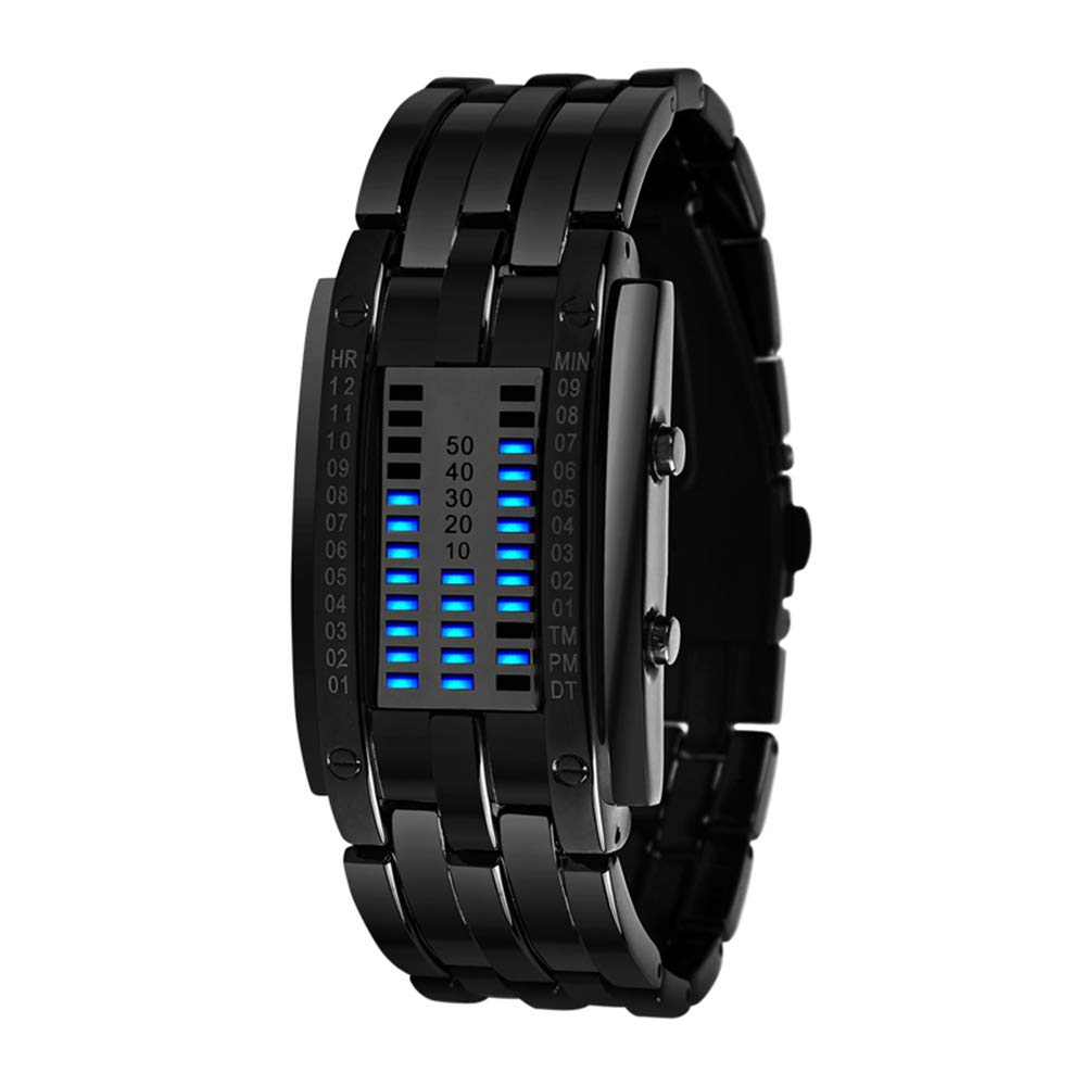 FeiWen Unisex Fashion Casual Binary Stainless Steel Digital Watches for Men and Women Blue LED Light Date Black Wristwatch (Small)