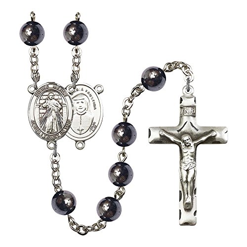 Divine Mercy Silver-Plated Rosary 8mm Hematite Beads Crucifix Size 1 3/4 x 1 medal charm