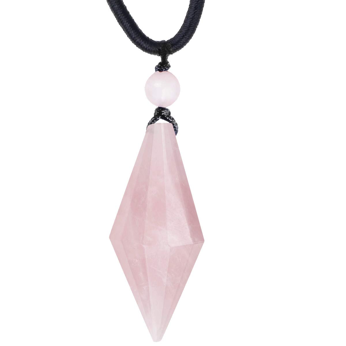 mookaitedecor Natural Pink Rose Quartz Crystal Point Pendant Necklace for Women Men, Chakra Reiki Healing Protection Crystal Necklace Pendulum Necklace Black Cord Semi Precious Stone Jewellery Gift