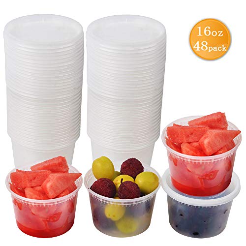48pk SZUAH Deli Containers with Lids - 16oz Clear Take Out Deli Cups - Food Grade Plastic Meal Prep Containers - BPA Free & Leakproof, Microwaveable, Freezer & Dishwasher Safe