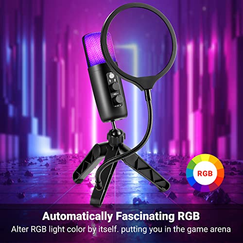 Micrófono Condensador USB+Tipo C, Micrófono de Computadora RGB con Filtro Pop y Trípode Adecuado para Windows, Mac OS, Linux, PC, Micrófono Multifuncional para Podcasts, Videoblog, Gaming, Streaming