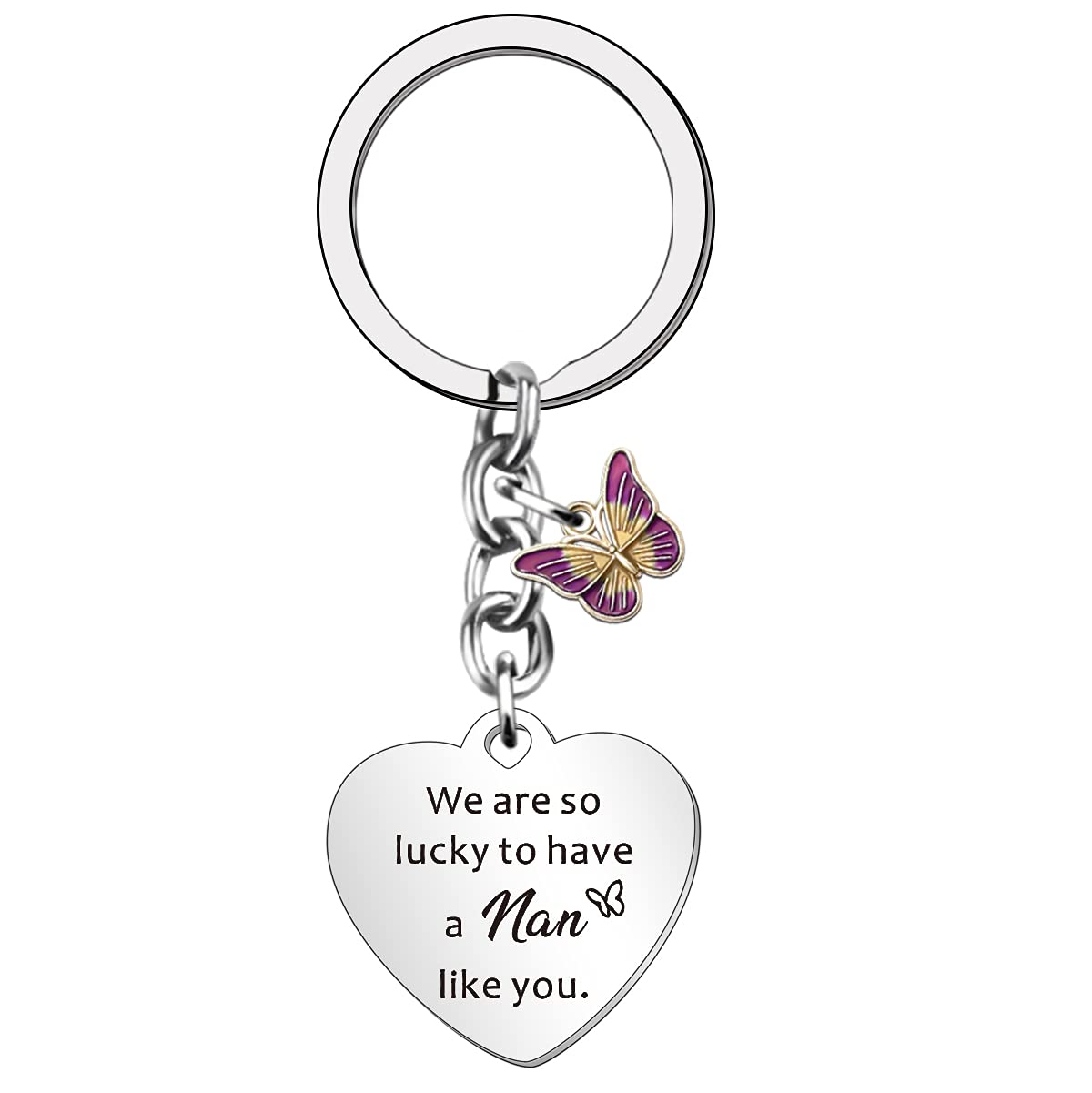 HULALA Nan Keyring Nan Birthday Mothers Day Christmas Gifts From Grandchildren Love Heart Shape Butterfly Women Key Ring Keychain Presents We Are So Lucky To Have A Nan Like You