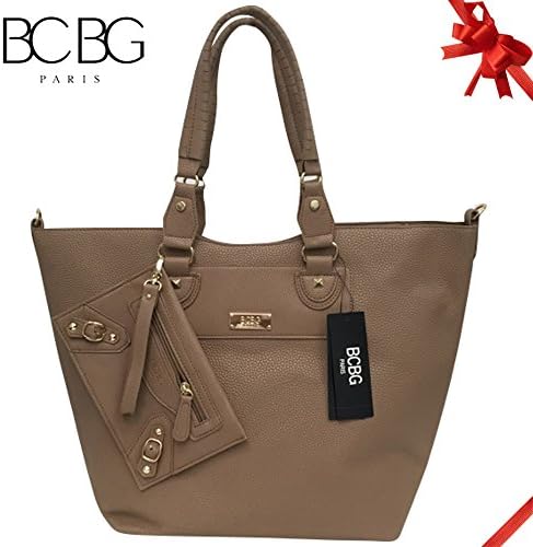 Bcbg Paris Tote W/convertible Pouch, Simple Style Pure Color Pu Leather Tote Shoulder Handbag for Women (Stone)