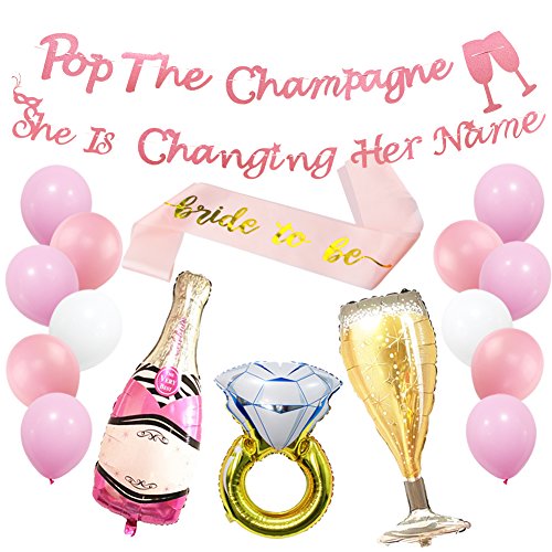 Pop the Champagne She's Changing Her Name Banner for Bridal Shower, Bachelorette Party Decorations Supplies with Ring Foil Balloon Bride to Be Sash