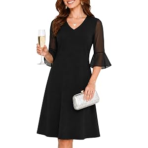 oten Women's Chiffon Wedding Guest Formal Cocktial Dinner Short Party Dress | Chiffon Half Bell Sleeve, V Neck, A-Line,Knee L