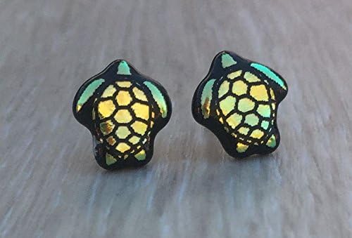 Aqua Blue Turtle Laser Engraved Etched Dichroic Fused Glass Stud Earrings with Solid Sterling Silver Posts - Handmade jewelry gift present for Mother's Day Christmas birthday anniversary wedding