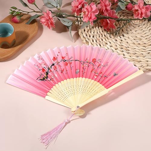Chinese Folding Fan, Vintage Bamboo Hand Fan with Silk Tassel, Traditional Handheld Fans for Women, Wedding Dance Photo Props & Home Decors, Foldable Retro Design (32cm, Rose Pink)
