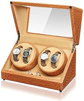 Sepano Watch Winder for 4 Watches with Mabuchi Engine Black/Brown/Kahki of PU-Leather in Design Ostrich Pattern & Car Border Thread