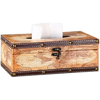 Rectangle Vintage Wooden Tissue Box Cover Decorative Tissue Box Holder Waterproof(World Map)