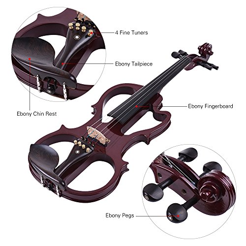VE-201 Full Size 4/4 Solid Wood Silent Electric Violin Fiddle Maple Body Ebony Fingerboard Pegs Chin Rest Tailpiece with Bow Hard Case Tuner Headphones Rosin Audio Cable Extra Strings Burgundy