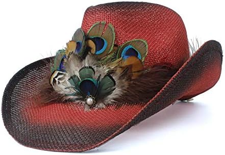 新しい帽子 中空西部カウボーイ帽子わらレディボヘミアタッセルピーコックフェザーソンブレロフェドラビーチカウガールジャズサン帽子 色 本日限定 56 58 サイズ 赤