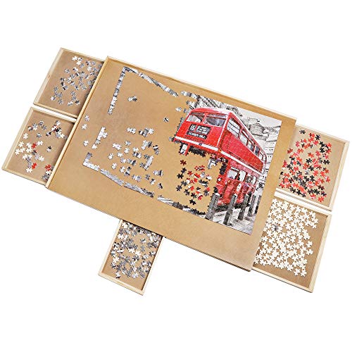 ATDAWN 1500 Piece Solid Wooden Puzzle Table with 5 Drawers, Lacquered Finish, Brown, Rectangular, Classic Style, Perfect for Puzzles, Gift Idea