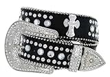 Womens Genuine Leather Rhinestone Cross Conchos Studded Belt - Black