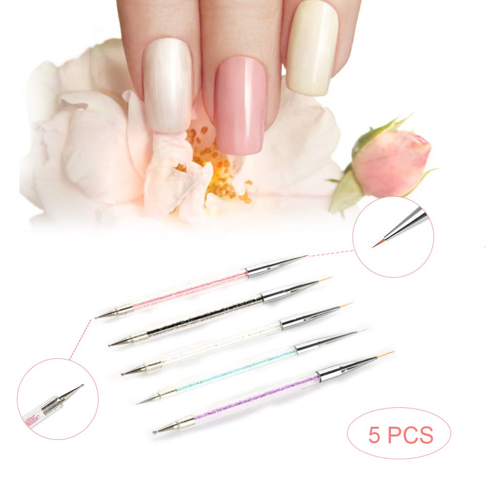 Nail Art Brush, Set of 5 Double Tip Marble Effect Tools with Glitter Rhinestones Nail Art Reconstruction Brushes Painting Art Miniature Painting Model Watercolour and Dotting Oils