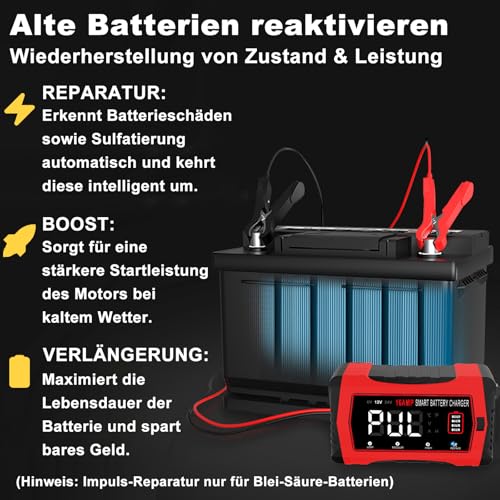 HTRC 16A Car Battery Charger, 6V/12V/24V Battery Charger for Car, Truck, Motorcycle, Lawn Mower, Boat, Marine Batteries, Lithium, LiFePO4, Lead-Acid Charger for AGM, Gel, EFB etc
