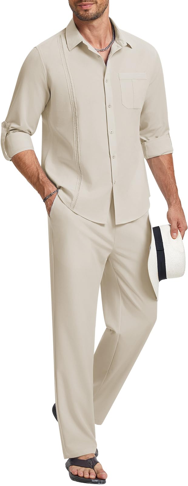 Photo 1 of ***CORRECT ITEM****WEEN CHARM Mens Shirts Casual 2 Piece Long Sleeve Button Down Cuban Shirt and Pants Set Summer Beach Outfits Beige