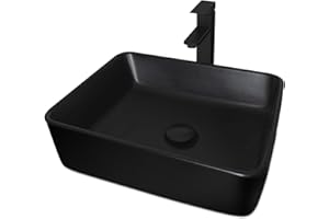 SOLIDEE Ceramic Bathroom Sink, Black 19" x 15" Above Counter Porcelain Vessel Sink with Black Faucet and Pop up drain Set, Rectangle