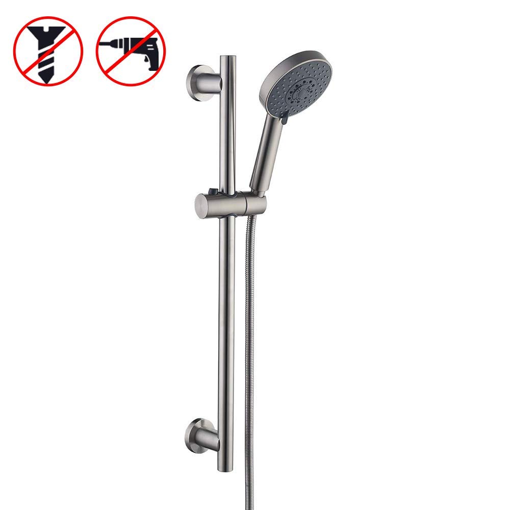 No Drill Slide Shower Bar w/ Handheld Shower Head and Hose Holder