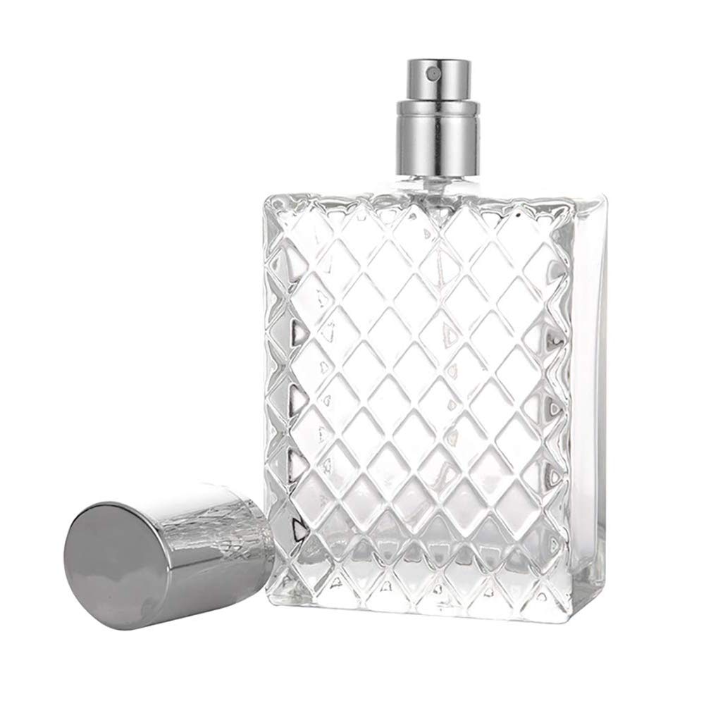 Leikance Glass Spray Bottle,Square Grids Portable Clear Travel Refillable Perfume Glass Empty Bottle 100ml
