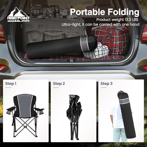 HIGH POINT SPORTS Folding Camping Chair, 160 kg, Portable Folding Camping Chair, Oversized Folding Chair, Outdoor and Indoor, Camping Chair, Fishing Chair, Black-Grey