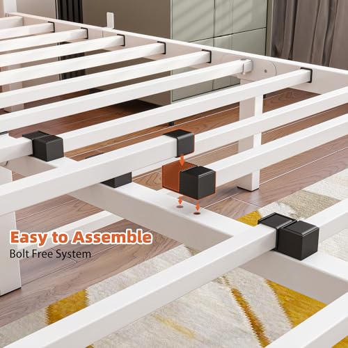 Maliacife Full Bed Frame with Headboard and Footboard,Metal Platform Double Bed Frame with Charging Station and LED, Steel Slats Mattress Foundation, No Box Spring Needed,Noise Free,White
