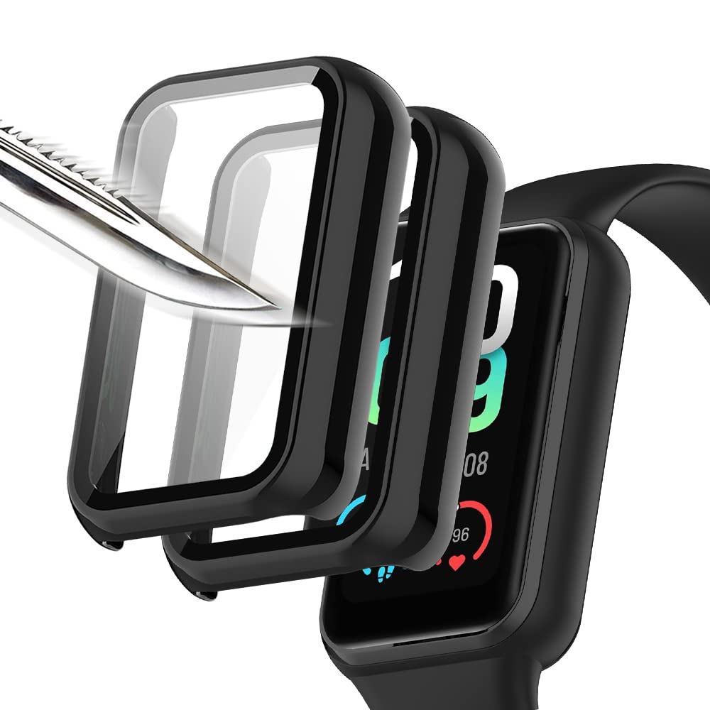 Msiall Tempered Glass Screen Protector Protective Case Compatible with Amazfit Band 7, Hard PC All-Round Screen Protector Ultra Thin Bubble-Free Against Scratches - Black [Pack of 2]