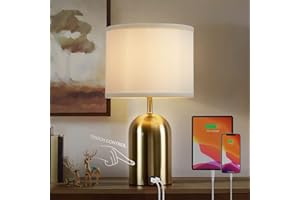 GyroVu Bedside Lamp with USB Port, Touch Control Table Lamp for Bedroom 3 Way Dimmable Modern Nightstand Lamp with Fabric Shade Gold Base for Living Room, Dorm, Home Office, LED Bulb Included