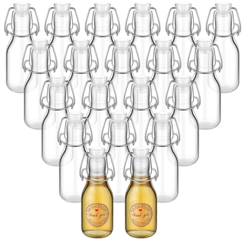 TERRIFI 20 PCS 100ml Mini Flip Top Glass Bottles with Stoppers, Decorative Swing Top Bottles with Lids and Kraft Adhesive Round Stickers, Ideal for Wedding and Themed Party Favors