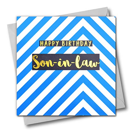 Claire Giles Greeting Cards, Happy Birthday Son-in-Law Card, Blue Chevrons Design Greeting Card, Text Foiled in Shiny Gold