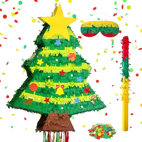 23.6 in Tall Christmas Tree Piñata with Hanging Rope,Large Christma Tree Piñata with Blindfold and Stick Confetti Christmas Party Decoration for Xmas Party Supplies Home Decorations (A Style)