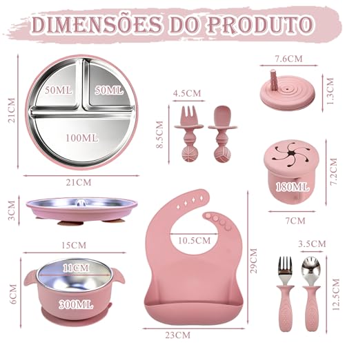 Kit Introdução Alimentar Bebe, Kit de 9 Alimentação Bebe Inox e Silicone, com Pratinho e Bowl de Alimentação com Ventosa, Babador, Copo, Tampa com Canudo, 2 Talheres Silicone e 2 Talheres Inox (Rosa)