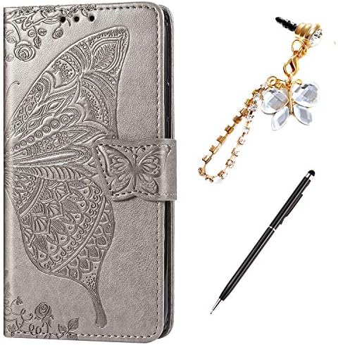 ikasus Case for iPhone XS/X Cover,Embossing Mandala Butterfly Rose Vine Flip Folio Wallet Case PU Leather Stand Card Slots Protective Case Cover + Dust Plug Stylus for iPhone XS/X Wallet Case,Gray
