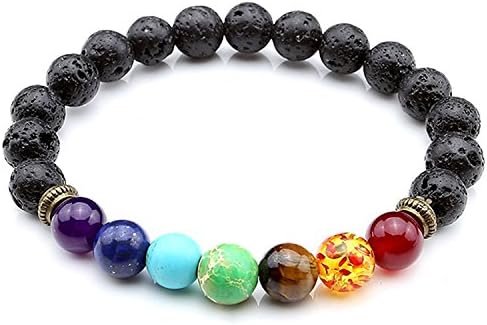 7 Chakra Gemstone Bracelet Lava Stone Crystal Reiki Healing Balancing Natural Gemstone Round Beads 7 inches long (black)