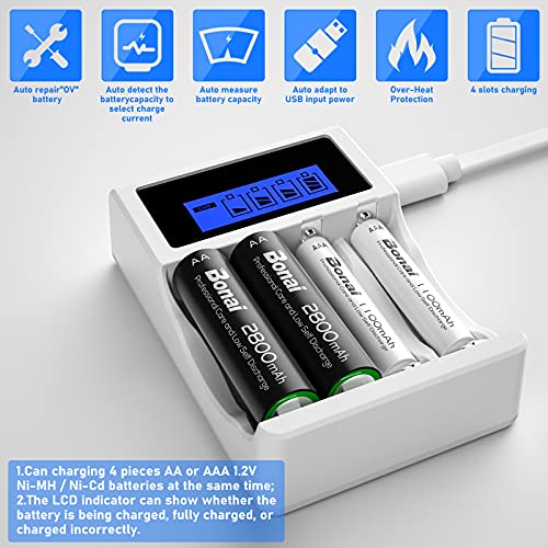 BONAI LCD Rechargeable Battery Charger with 4 Bay AA AAA, 4 Pieces AA 2800mAh & 4 Pieces AAA 1100mAh Ni-MH