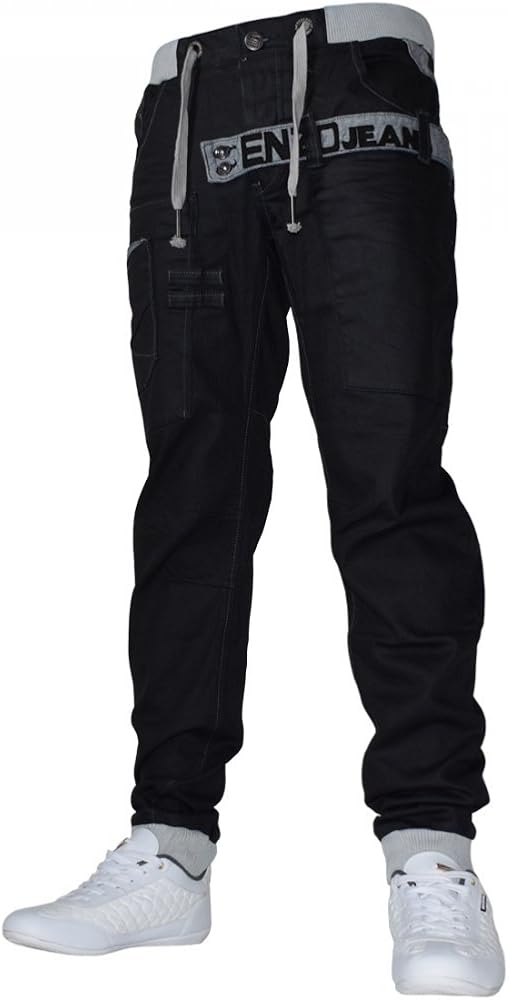 Mens Enzo Black Designer Cuffed Jogger Jean Coated Denim Waist 48 Leg