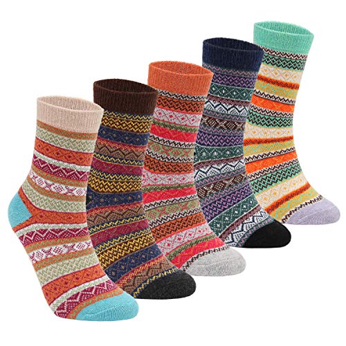 POWER YANNIKYannik Women's 5 Pair Pack Vintage Style Cotton Knitting Wool Winter Crew Socks