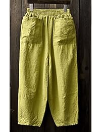 soojun Moda para dama lino de pierna ancha pantalones pantalones Capri con bolsillos