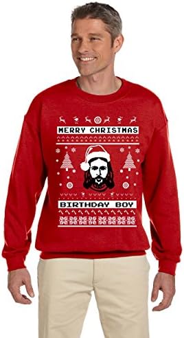 Ugly Christmas Sweater Merry Christmas Birthday Boy Jesus Red Party Sweatshirt (XL) Apparel